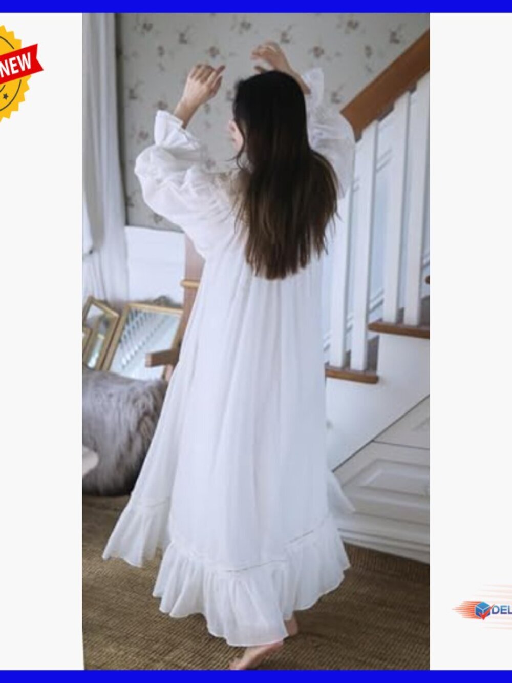 Small Cotton Victorian Nightgown Robe Set Built-in Bra Lace Collar - Picture 3 of 7